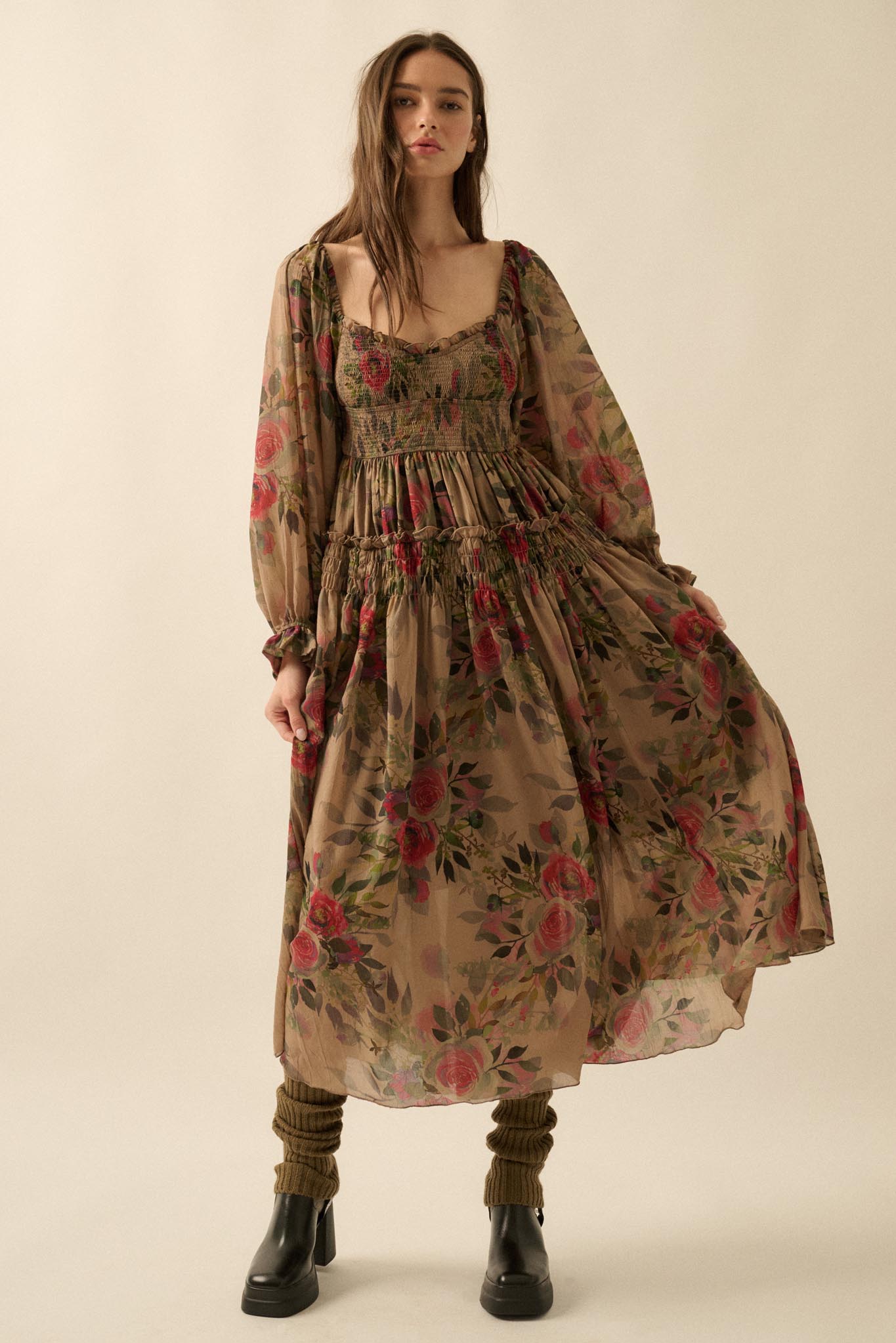 Wandering Rose Smocked Floral Chiffon Midi Dress - ShopPromesa