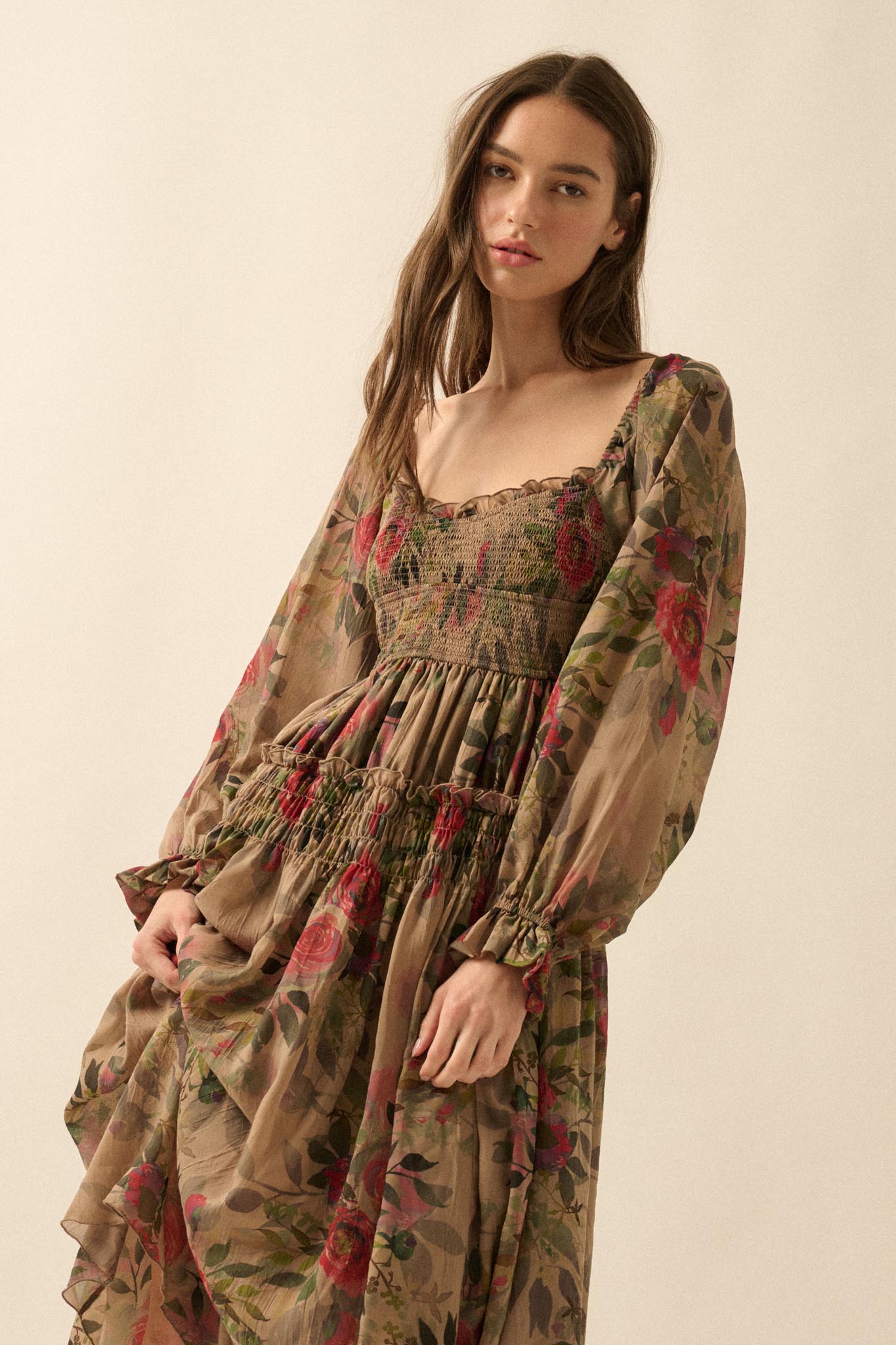 floral chiffon midi dress with sleeves Wandering Rose Smocked Floral Chiffon Midi Dress Sand / M