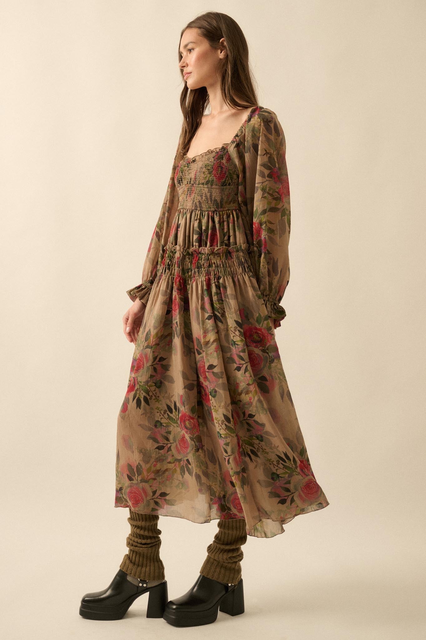Wandering Rose Smocked Floral Chiffon Midi Dress - ShopPromesa