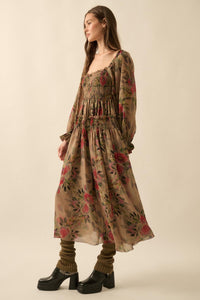 Wandering Rose Smocked Floral Chiffon Midi Dress - ShopPromesa