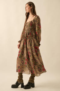 Wandering Rose Smocked Floral Chiffon Midi Dress - ShopPromesa