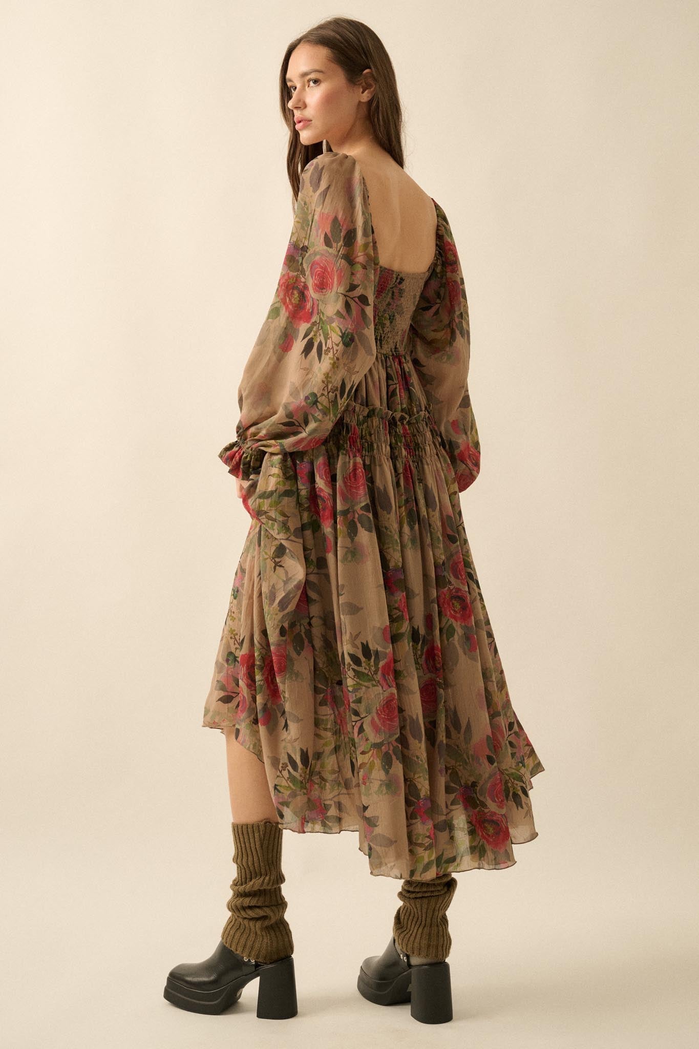 Wandering Rose Smocked Floral Chiffon Midi Dress - ShopPromesa