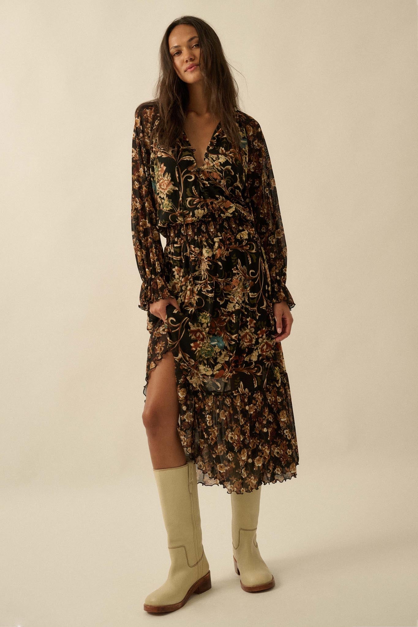 Dramatic Blooms Floral Mesh Buttoned Midi Dress Black / S Dramatic Blooms Floral Mesh Buttoned Midi Dress Black / S