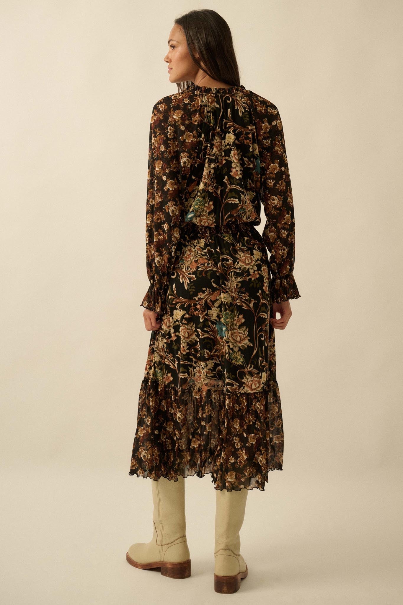 Dramatic Blooms Floral Mesh Buttoned Midi Dress - ShopPromesa