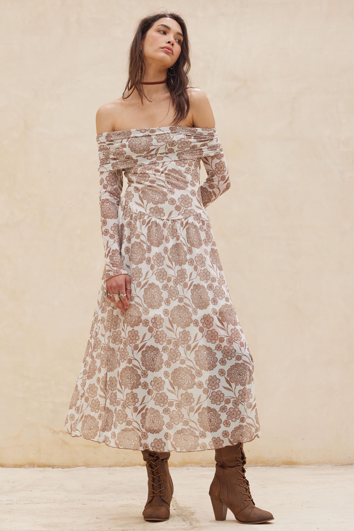 Fallen Flowers Floral Mesh Off-Shoulder Midi Dress - ShopPromesa