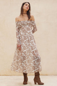 Fallen Flowers Floral Mesh Off-Shoulder Midi Dress - ShopPromesa