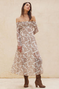 Fallen Flowers Floral Mesh Off-Shoulder Midi Dress - ShopPromesa