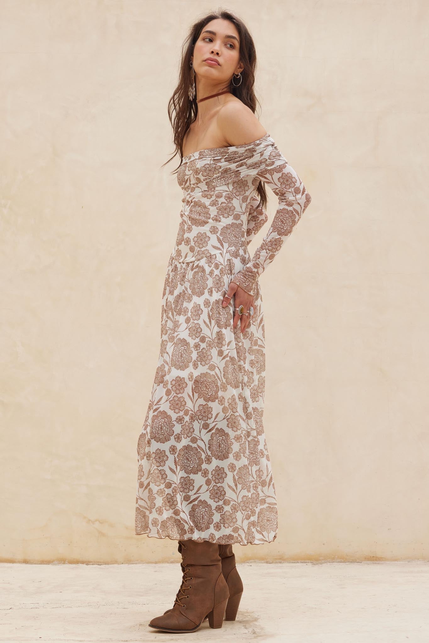 Fallen Flowers Floral Mesh Off-Shoulder Midi Dress, Cream / L
