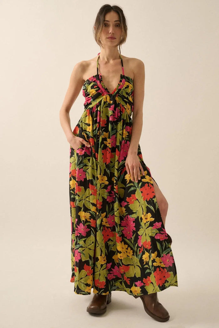 Lovely Luau Tropical Floral Halter Maxi Dress - ShopPromesa