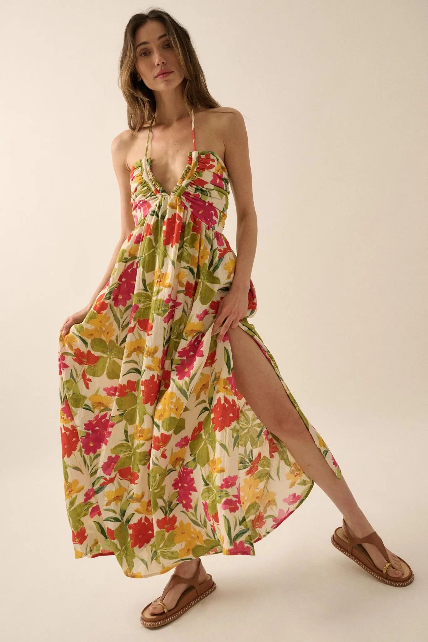 Lovely Luau Tropical Floral Halter Maxi Dress, Cream / S Lovely Luau Tropical Floral Halter Maxi Dress, Cream / S