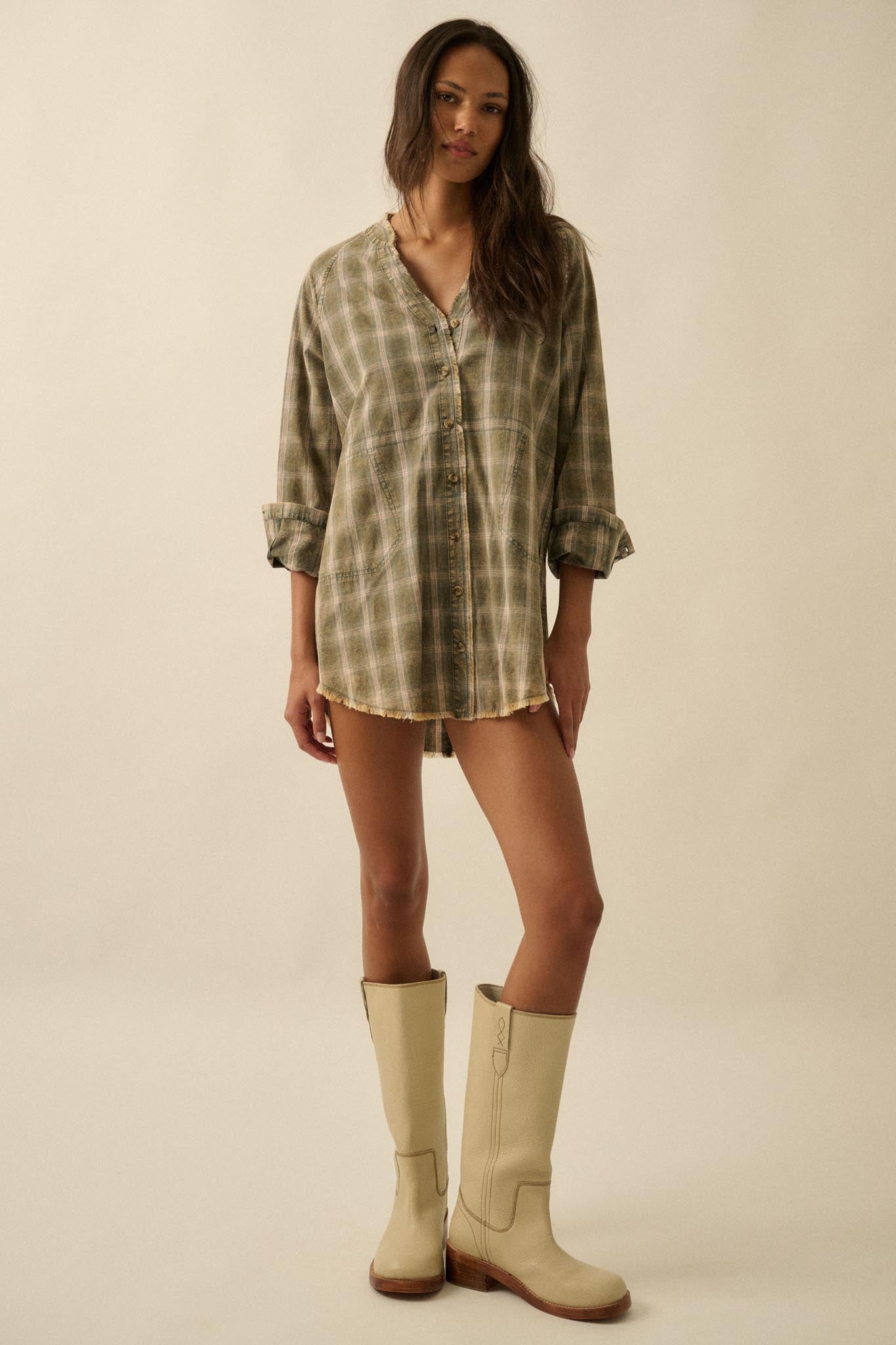 Back Roads Plaid Flannel Raw-Edge Mini Shirt Dress - ShopPromesa