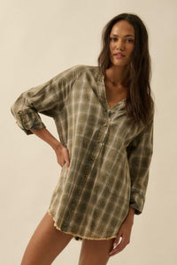 Back Roads Plaid Flannel Raw-Edge Mini Shirt Dress - ShopPromesa