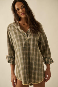 Back Roads Plaid Flannel Raw-Edge Mini Shirt Dress - ShopPromesa