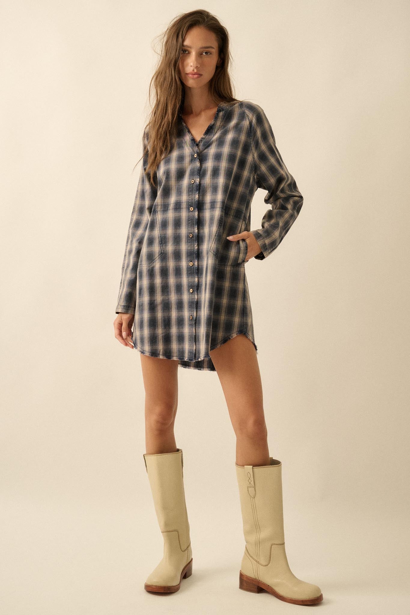 Back Roads Plaid Flannel Raw-Edge Mini Shirt Dress - ShopPromesa