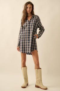 Back Roads Plaid Flannel Raw-Edge Mini Shirt Dress - ShopPromesa