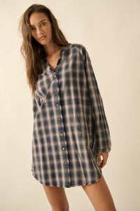 Back Roads Plaid Flannel Raw-Edge Mini Shirt Dress - ShopPromesa