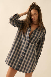 Back Roads Plaid Flannel Raw-Edge Mini Shirt Dress - ShopPromesa