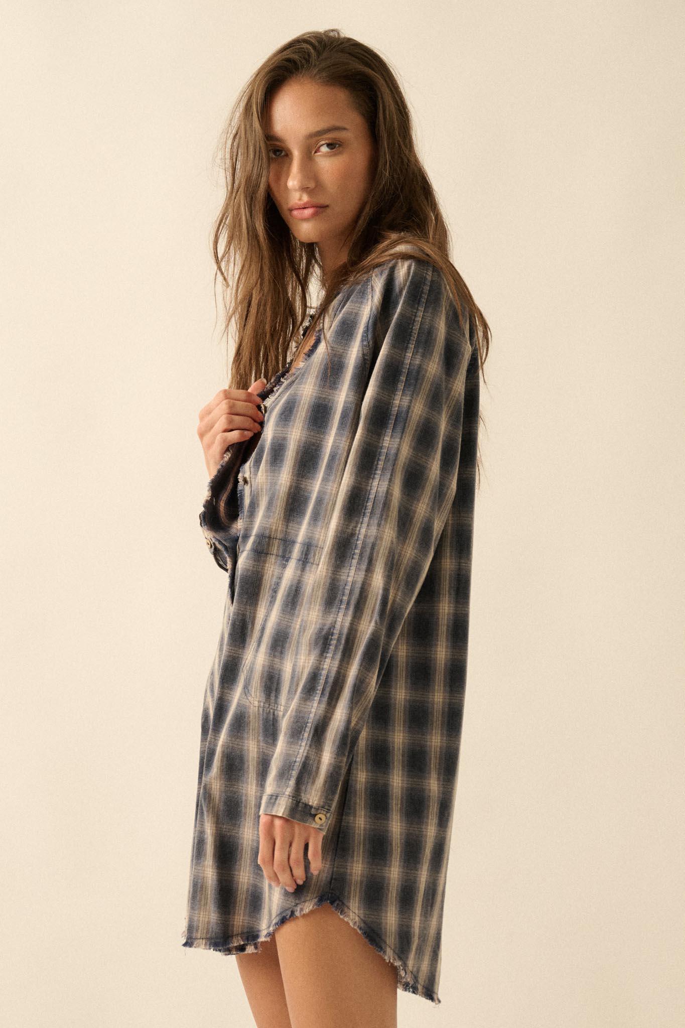 Back Roads Plaid Flannel Raw-Edge Mini Shirt Dress - ShopPromesa