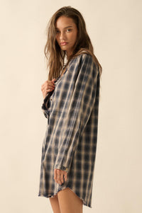 Back Roads Plaid Flannel Raw-Edge Mini Shirt Dress - ShopPromesa