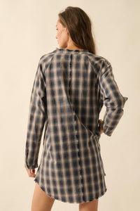 Back Roads Plaid Flannel Raw-Edge Mini Shirt Dress - ShopPromesa