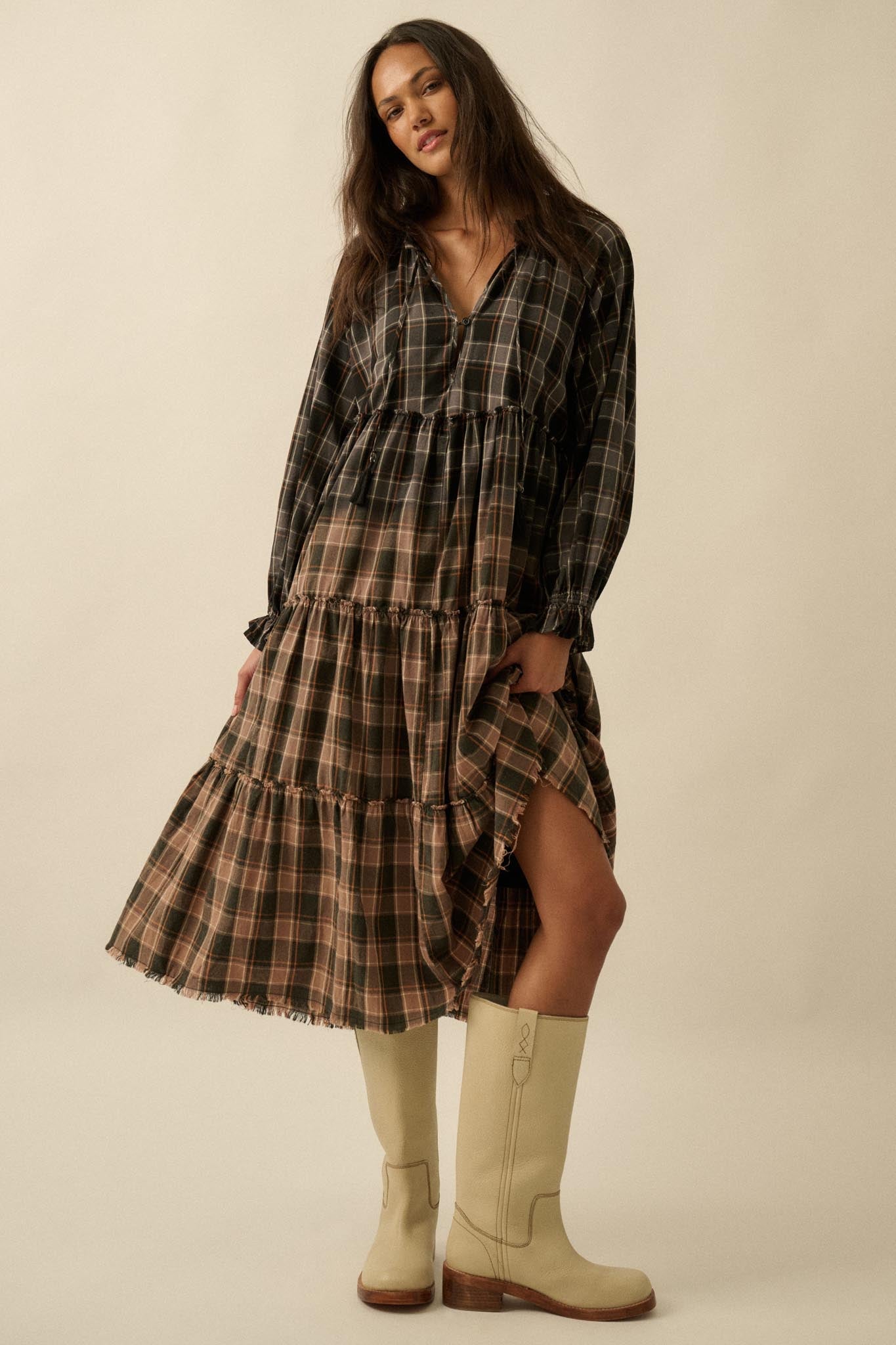 Truly Tartan Tiered Plaid Midi Prairie Dress - ShopPromesa