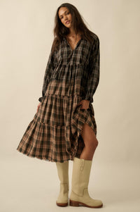 Truly Tartan Tiered Plaid Midi Prairie Dress - ShopPromesa