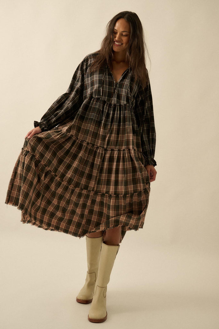Truly Tartan Tiered Plaid Midi Prairie Dress - ShopPromesa