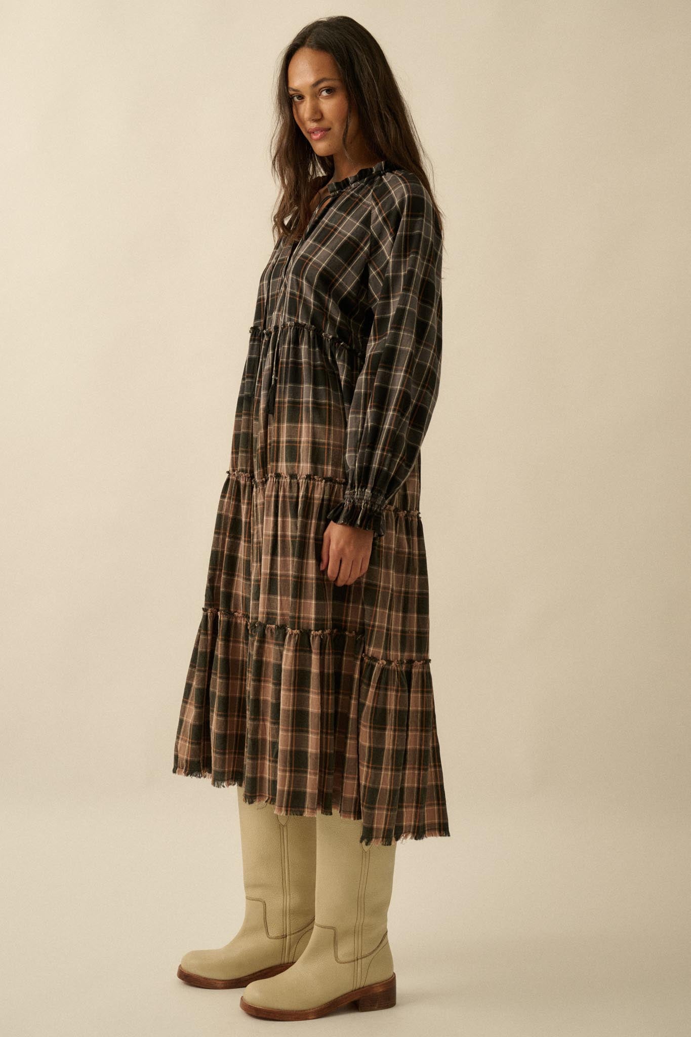 Truly Tartan Tiered Plaid Midi Prairie Dress - ShopPromesa