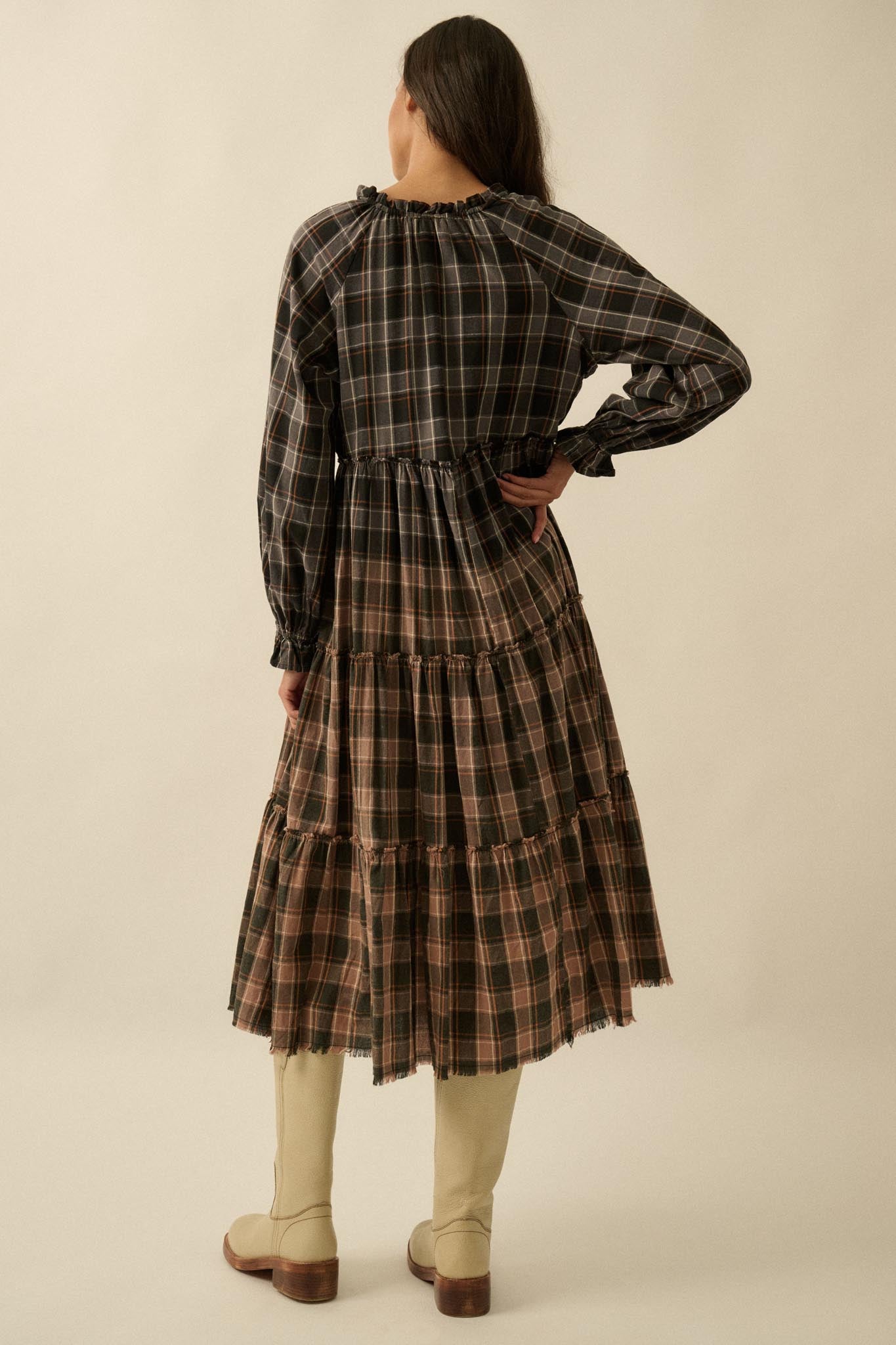 Truly Tartan Tiered Plaid Midi Prairie Dress - ShopPromesa