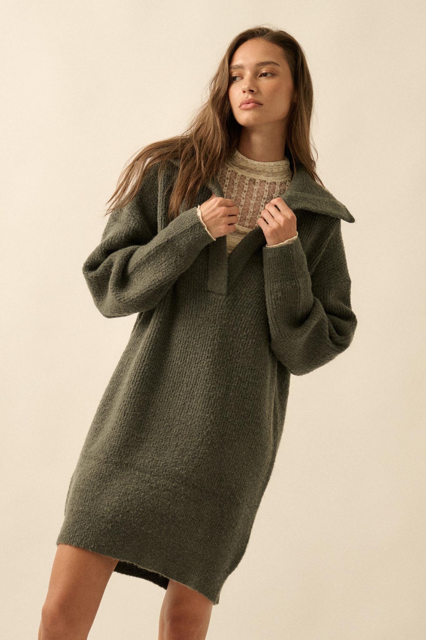 Warm It Up Collared Split-Neck Mini Sweater Dress - ShopPromesa