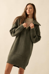 Warm It Up Collared Split-Neck Mini Sweater Dress - ShopPromesa