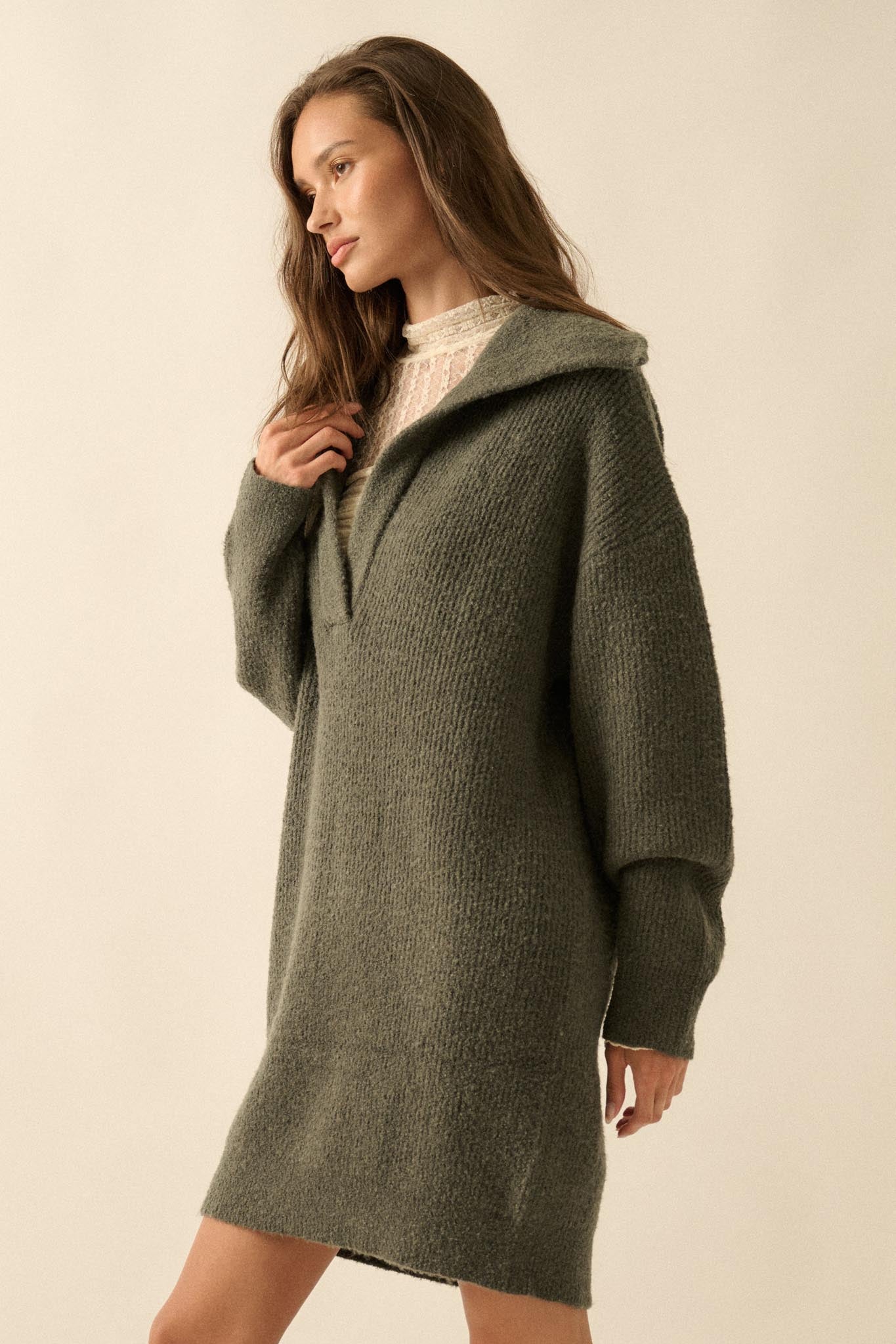 Warm It Up Collared Split-Neck Mini Sweater Dress - ShopPromesa