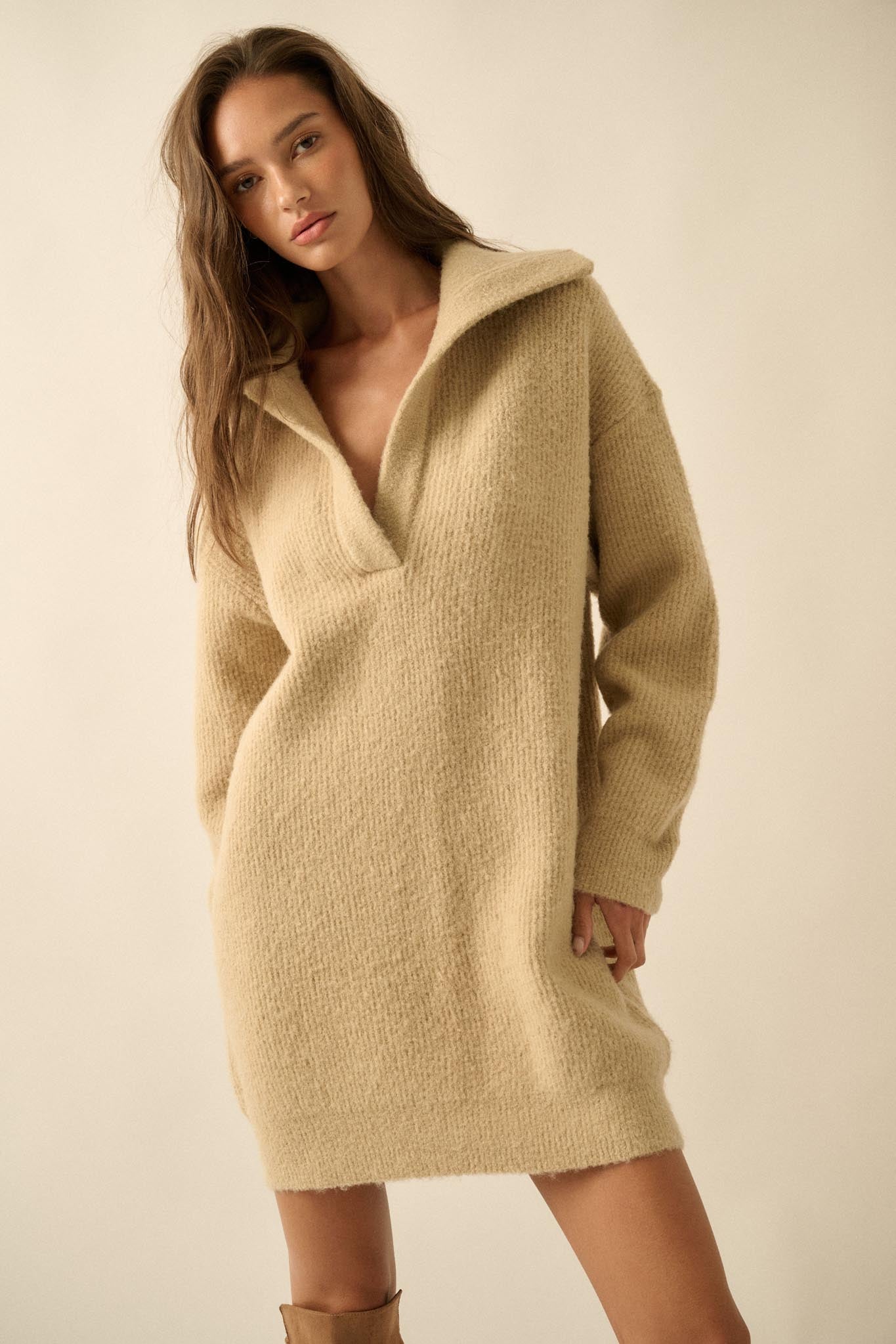 Warm Welcome Collared Split-Neck Mini Sweater Dress Sand / S Warm Welcome Collared Split-Neck Mini Sweater Dress Sand / S