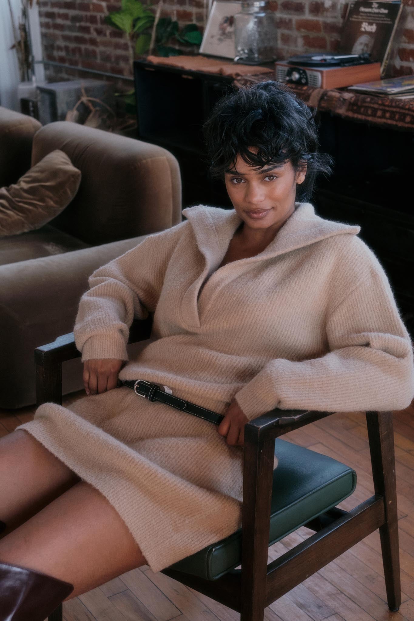 Warm Welcome Collared Split-Neck Mini Sweater Dress