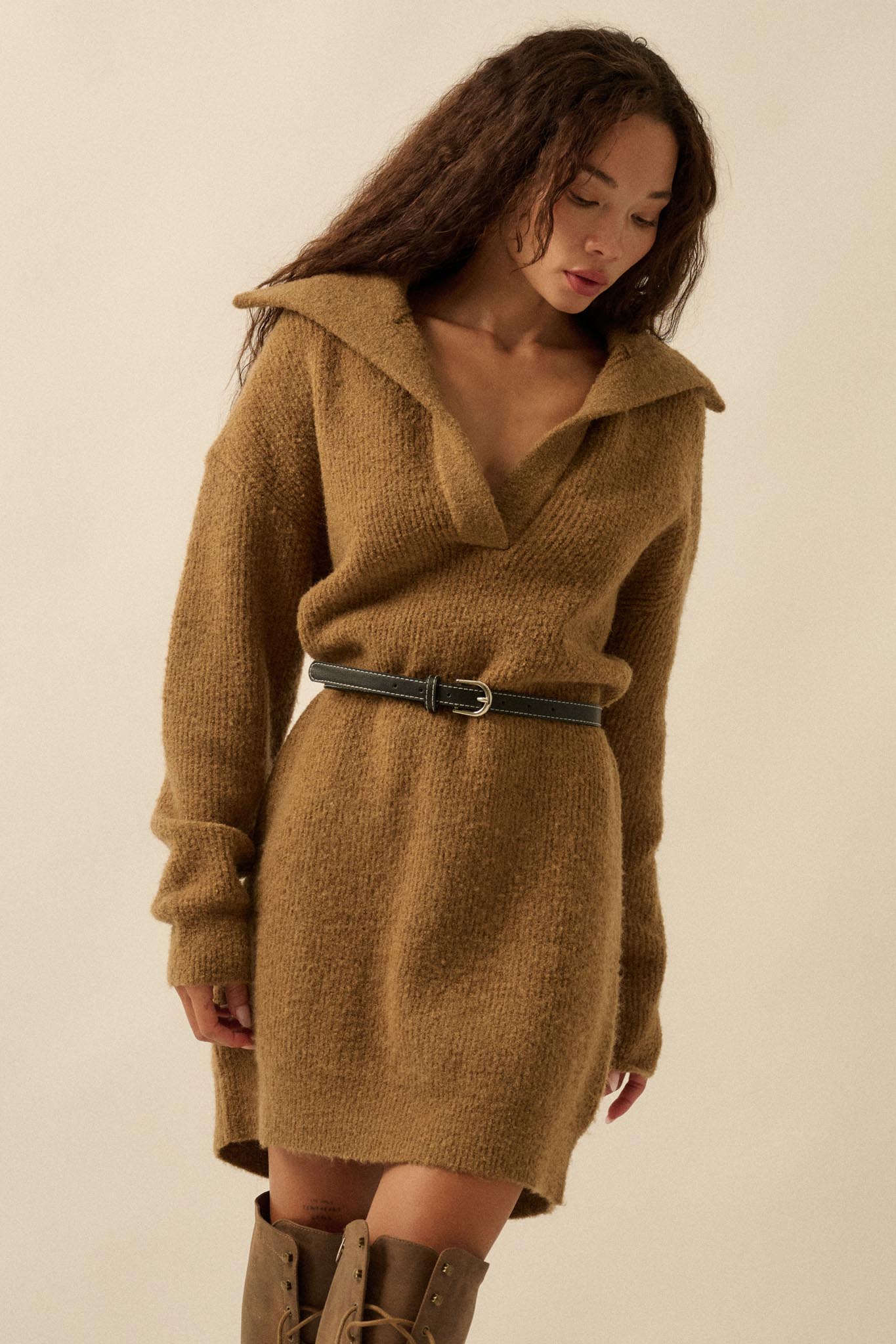 Warm Welcome Collared Split-Neck Mini Sweater Dress Sand / S Warm Welcome Collared Split-Neck Mini Sweater Dress Sand / S