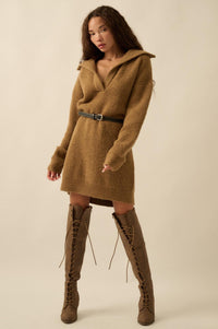 Warm It Up Collared Split-Neck Mini Sweater Dress - ShopPromesa