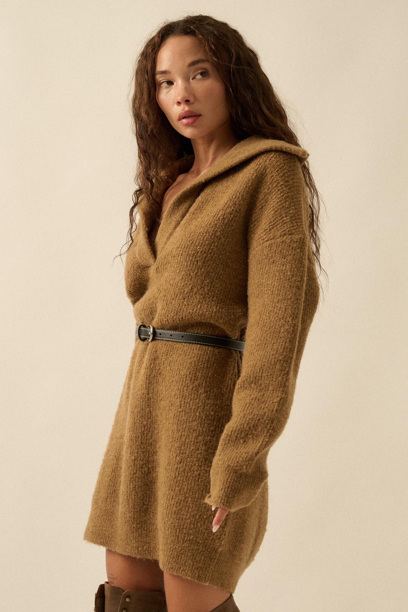 Warm It Up Collared Split-Neck Mini Sweater Dress - ShopPromesa