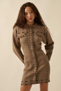 Stitch Perfect Collared Mini Sweater Shirt Dress - ShopPromesa