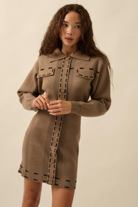 Stitch Perfect Collared Mini Sweater Shirt Dress - ShopPromesa