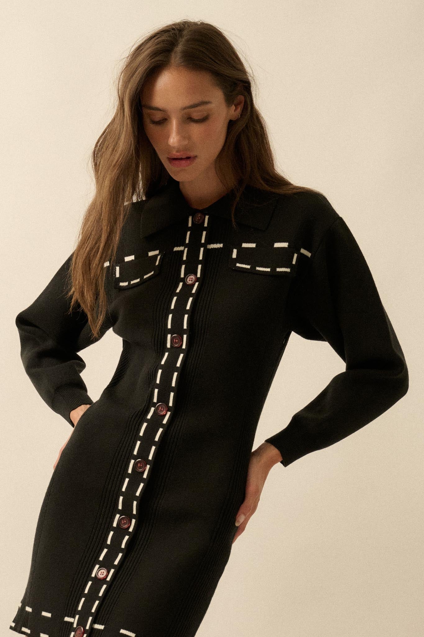 Stitch Perfect Collared Mini Sweater Shirt Dress - ShopPromesa
