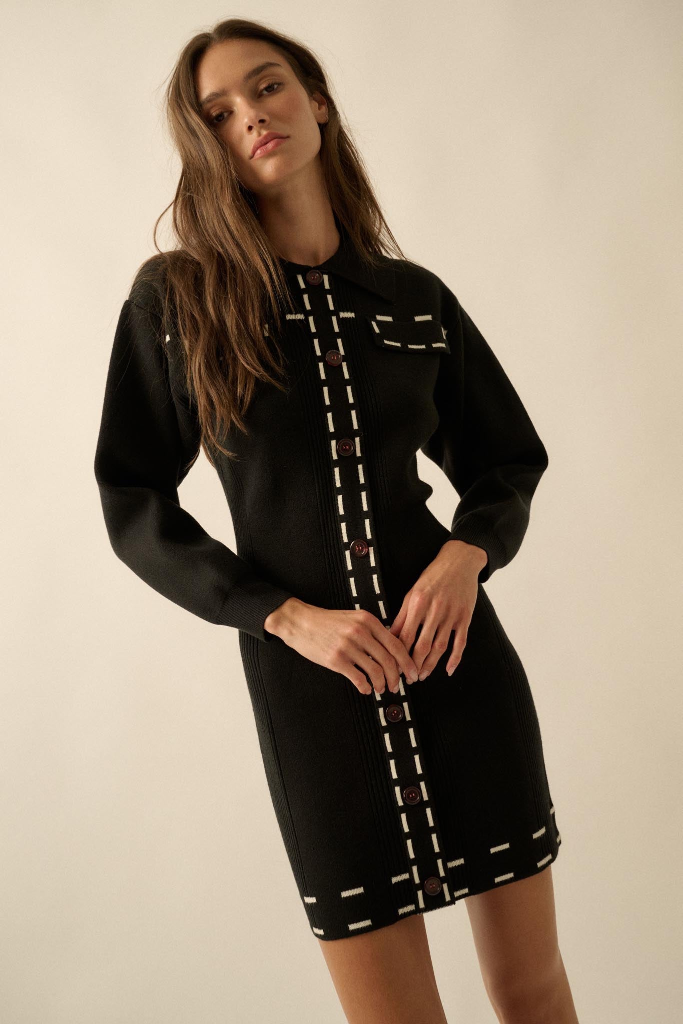 Stitch Perfect Collared Mini Sweater Shirt Dress - ShopPromesa