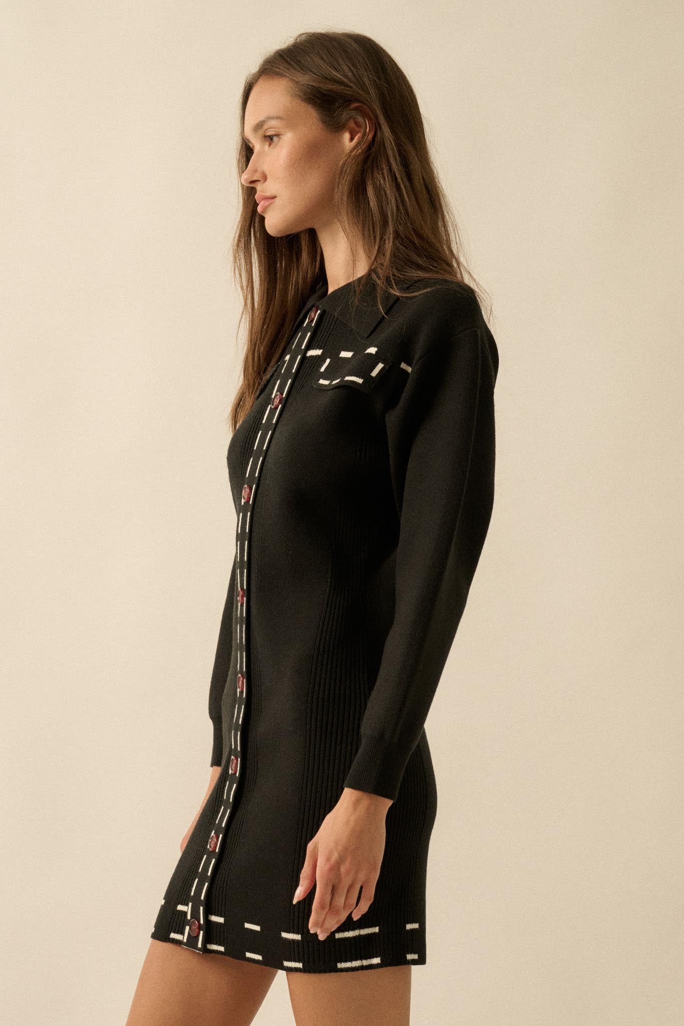 Stitch Perfect Collared Mini Sweater Shirt Dress - ShopPromesa