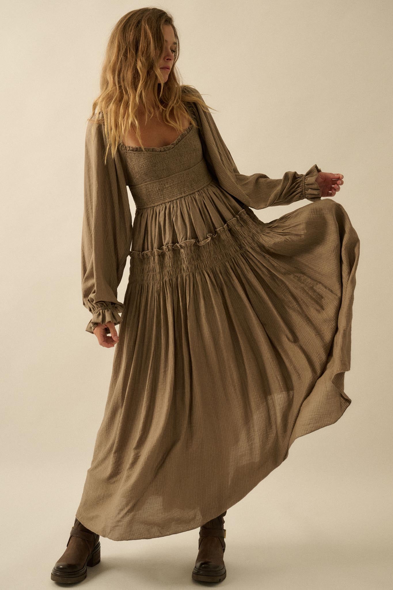 Love Story Smocked Tonal-Stripe Midi Peasant Dress, Stone / S Love Story Smocked Tonal-Stripe Midi Peasant Dress, Stone / S