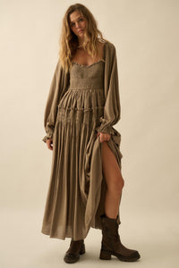 Love Story Smocked Tonal-Stripe Midi Peasant Dress - ShopPromesa