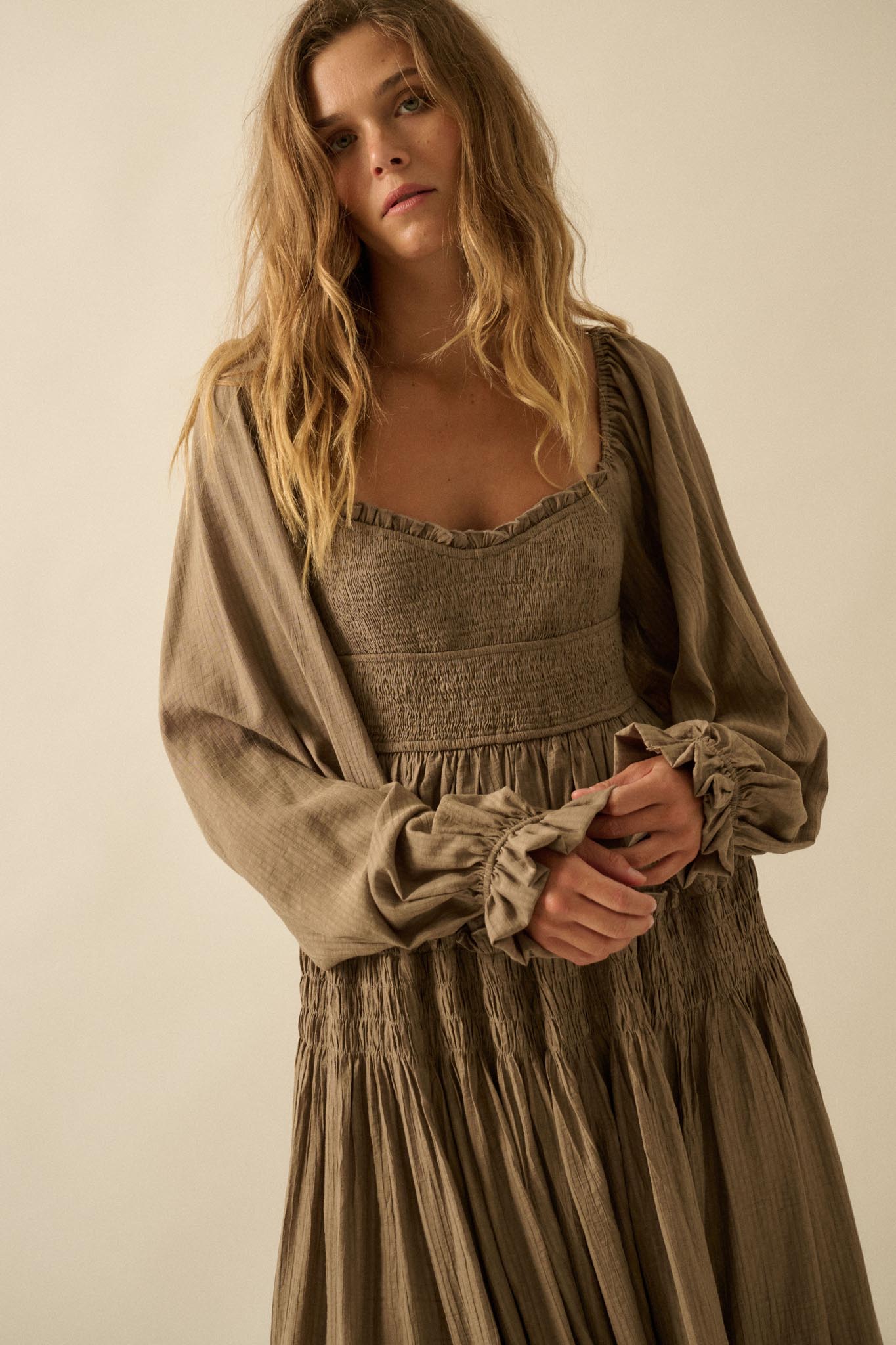 Love Story Smocked Tonal-Stripe Midi Peasant Dress - ShopPromesa