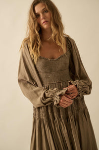 Love Story Smocked Tonal-Stripe Midi Peasant Dress - ShopPromesa