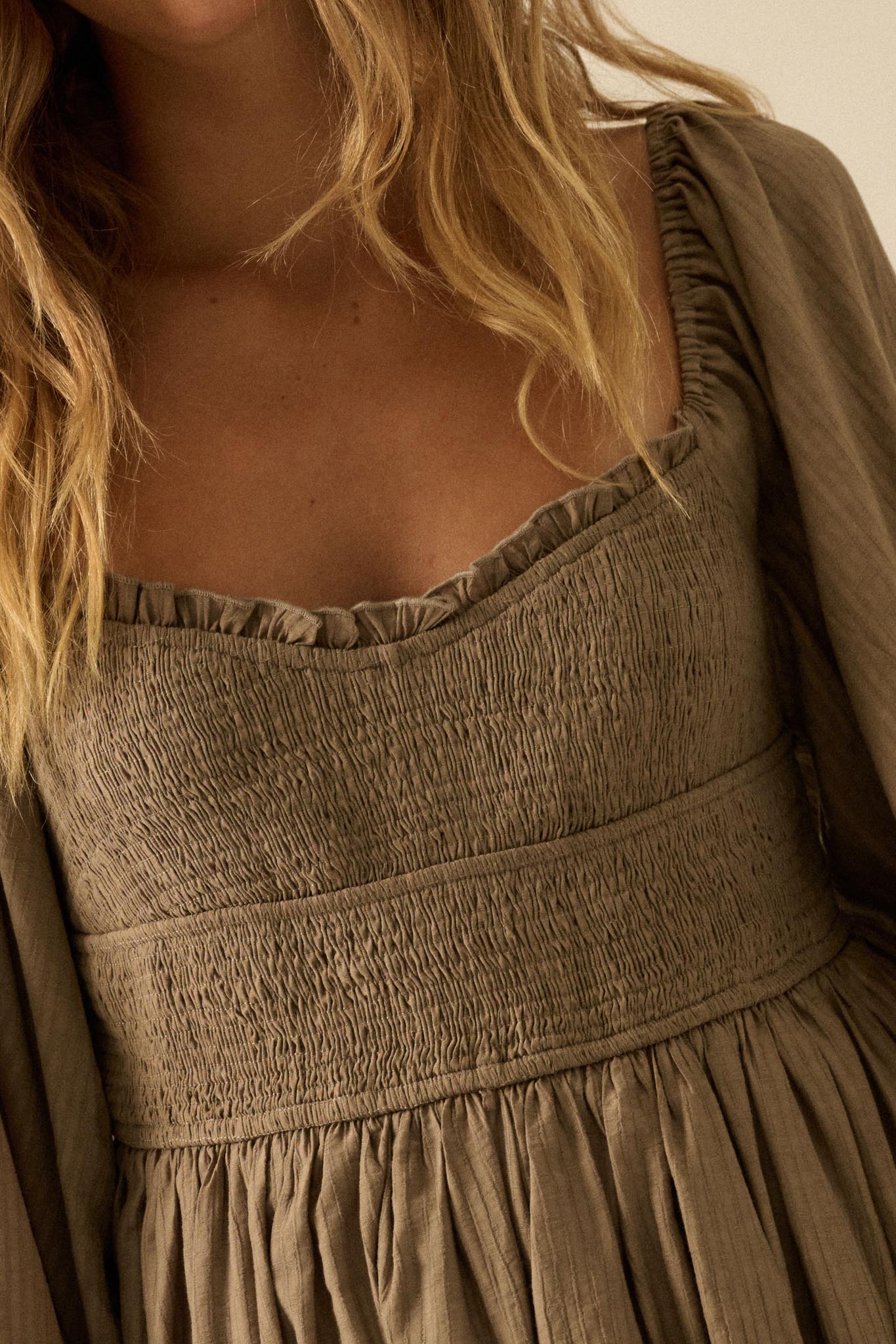 Love Story Smocked Tonal-Stripe Midi Peasant Dress - ShopPromesa