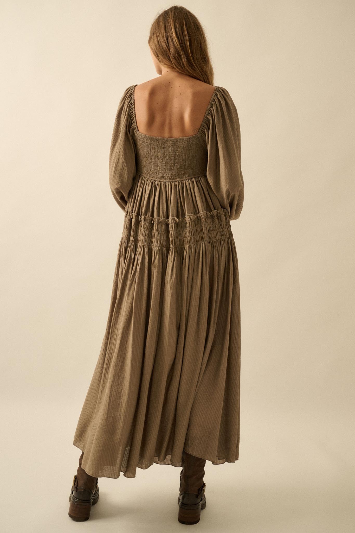 Love Story Smocked Tonal-Stripe Midi Peasant Dress, Stone / S Love Story Smocked Tonal-Stripe Midi Peasant Dress, Stone / S