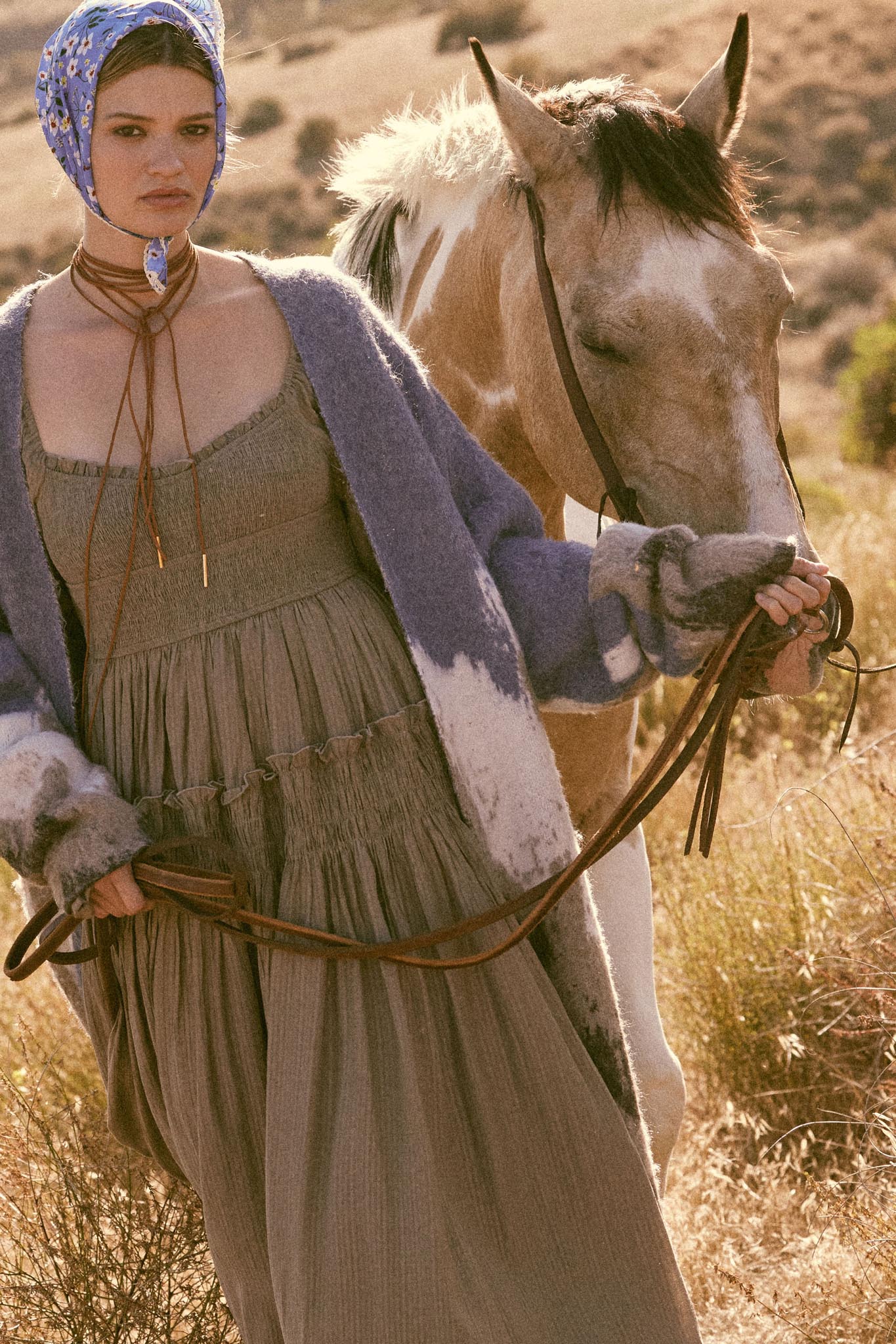 Love Story Smocked Tonal-Stripe Midi Peasant Dress Taupe / M Love Story Smocked Tonal-Stripe Midi Peasant Dress Taupe / M