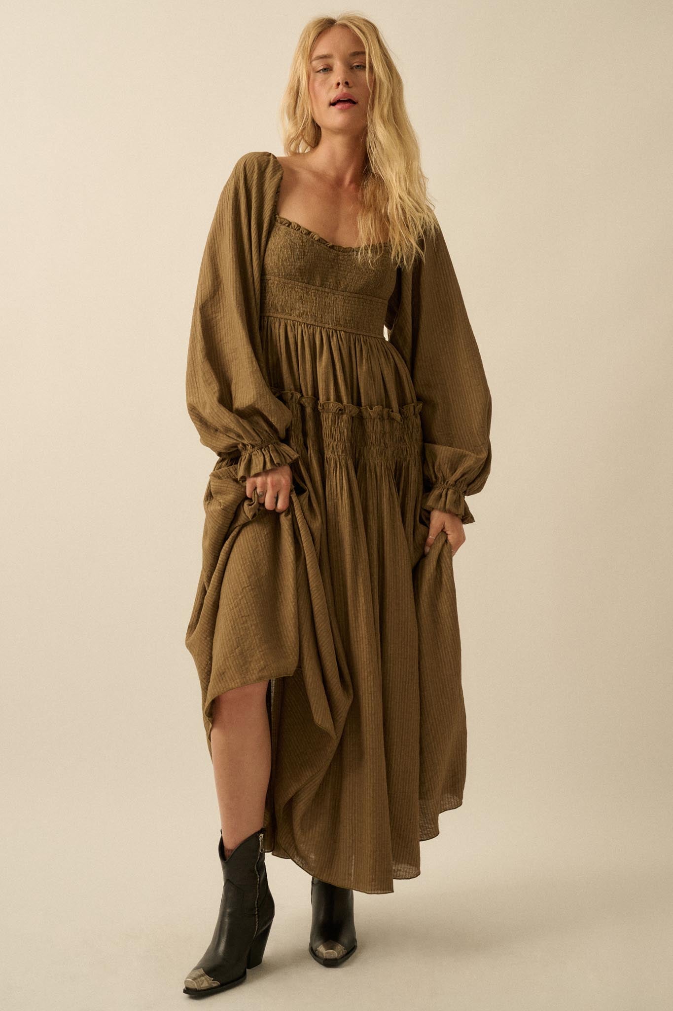 Love Story Smocked Tonal-Stripe Midi Peasant Dress - ShopPromesa